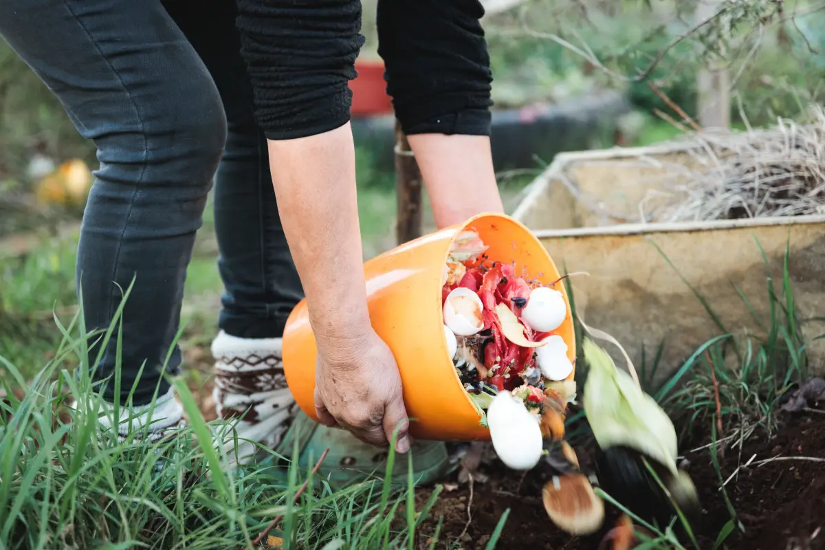 pouring food waste into a compost pit from an orange bucket