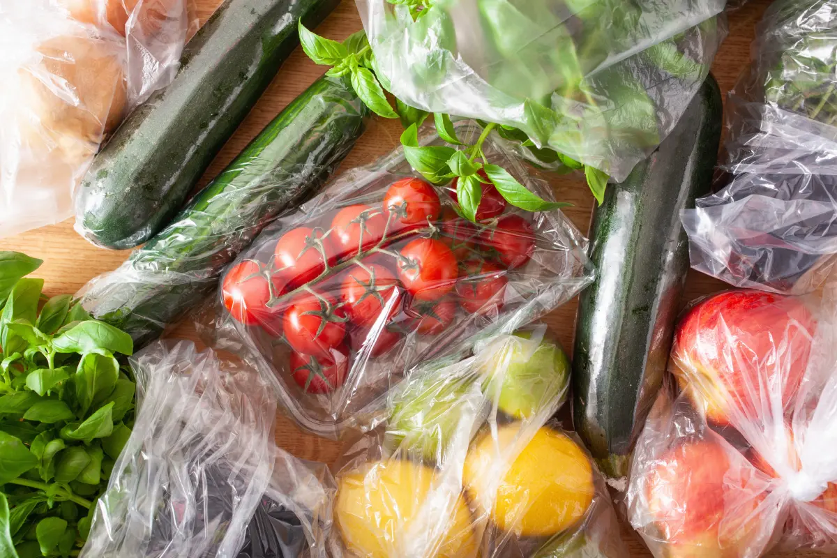 various vegetables wrapped in plastic